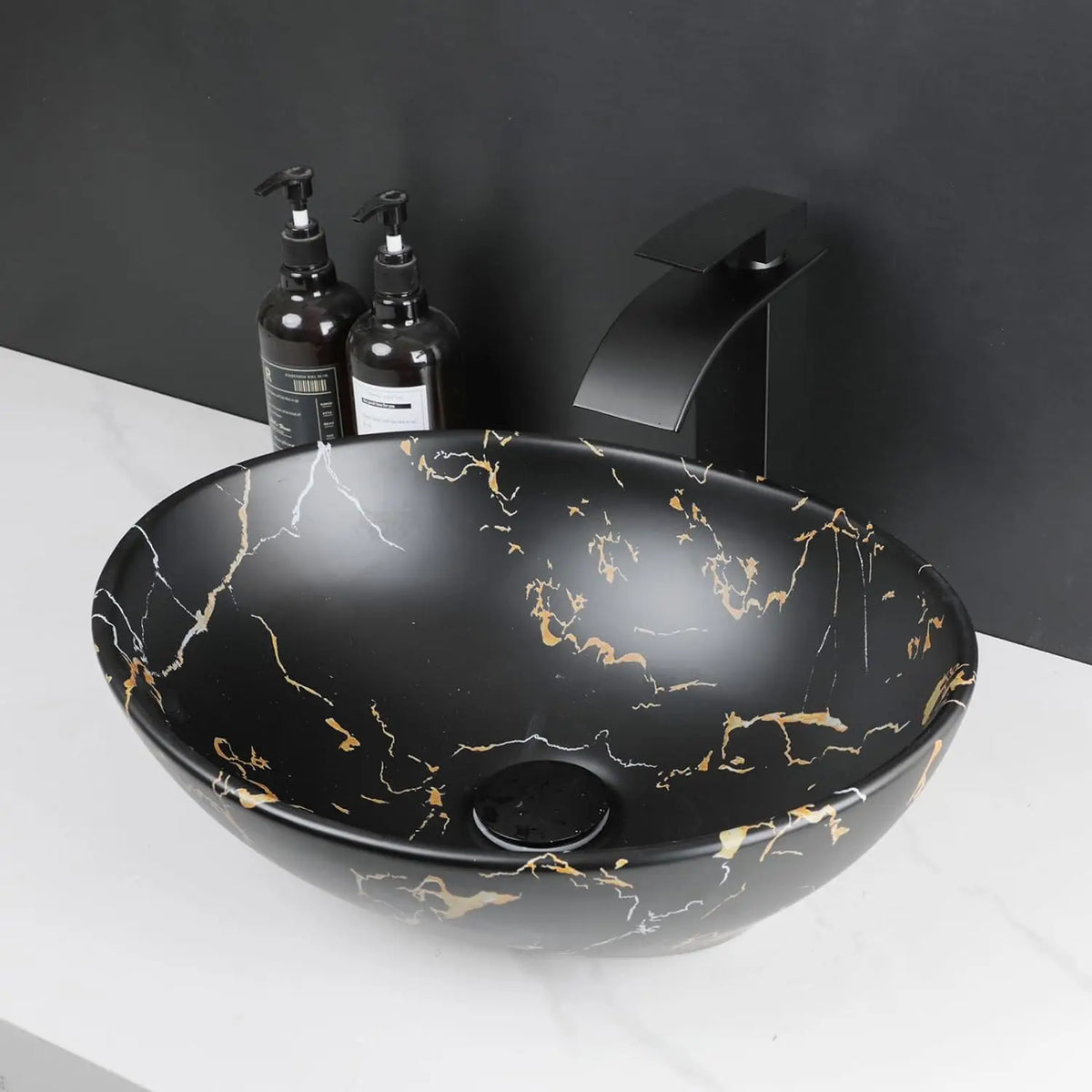 Kemaidi Oval Vessel Sink Faucet White Marbling Bathroom