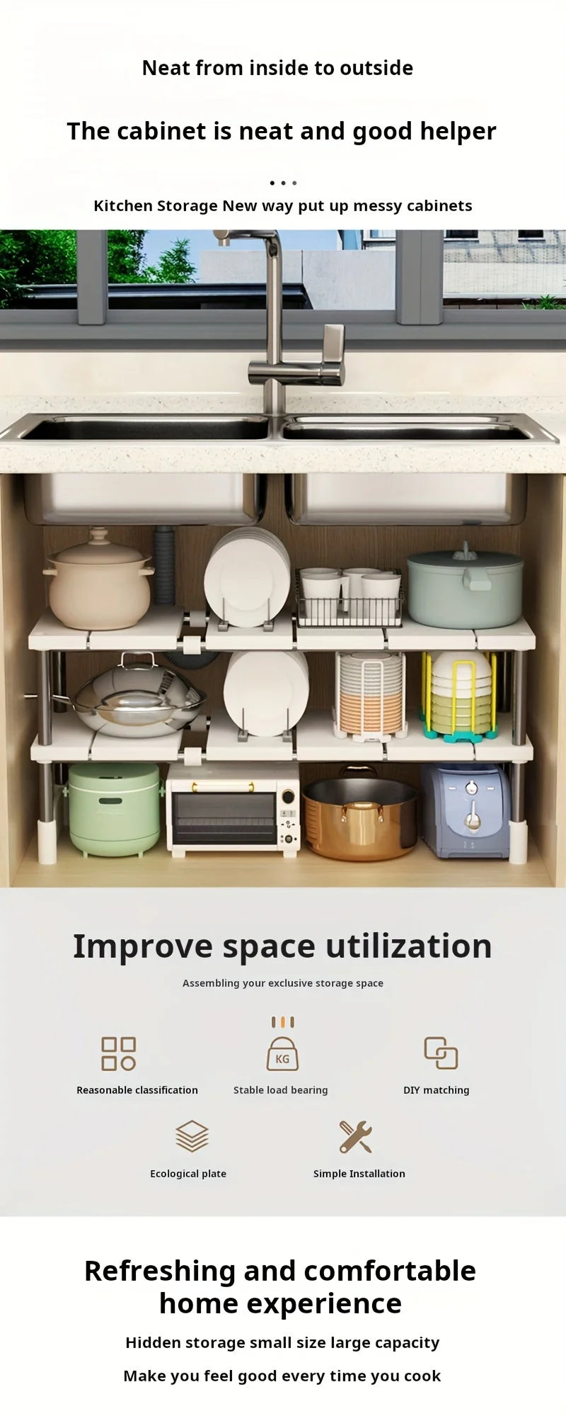 Adjustable Under Sink Storage Rack Expandable Bathroom Cabinet