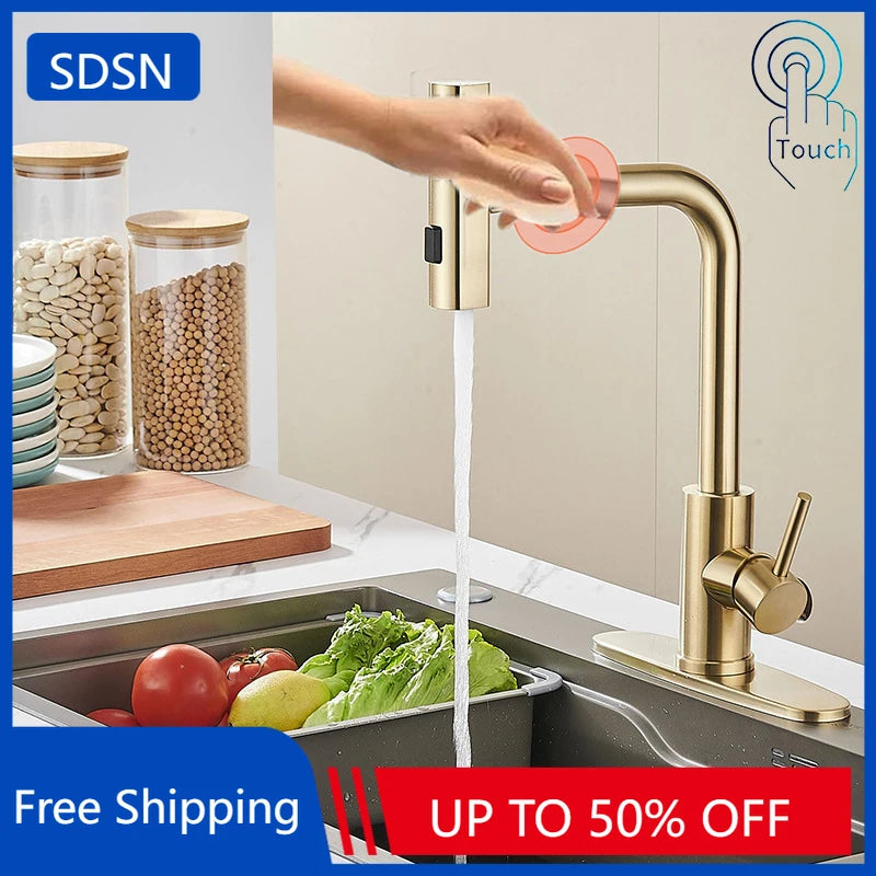 Touch Waterfall Faucet Brushed Gold Cold Pull Out
