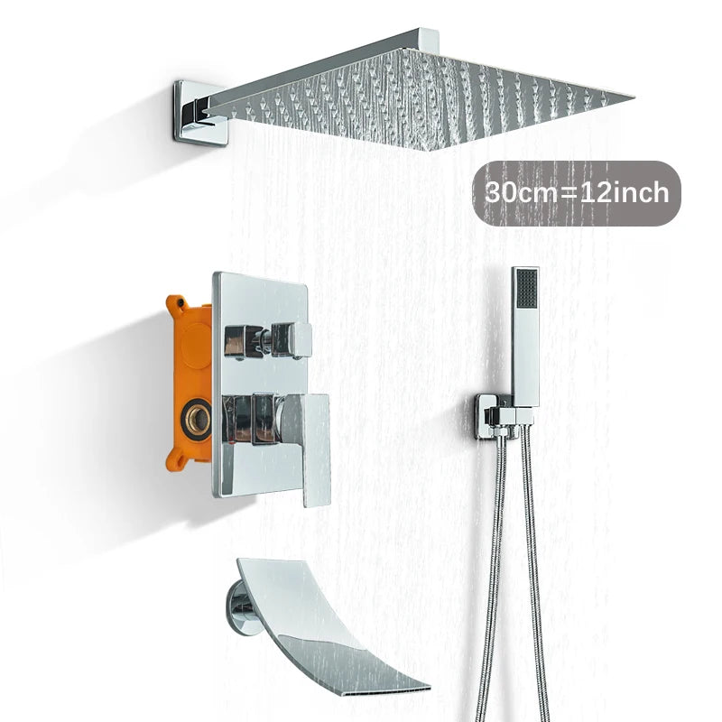 Chrome Concealed Bathroom Rain Waterfall Shower Faucets Wall