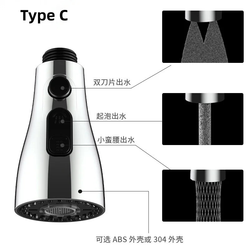 Pull-Out Three-Function Faucet Nozzle Abs Durable Water-Saving