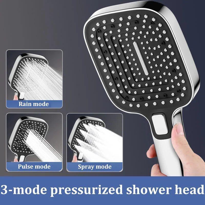Square 3-Mode Pressurized Shower Head Large Panel Bathroom