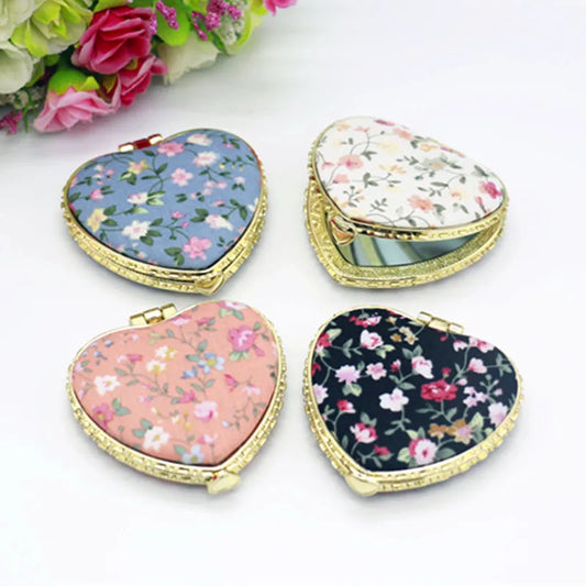 Vintage Foldable Makeup Mirror Mini Heart Round Makeup