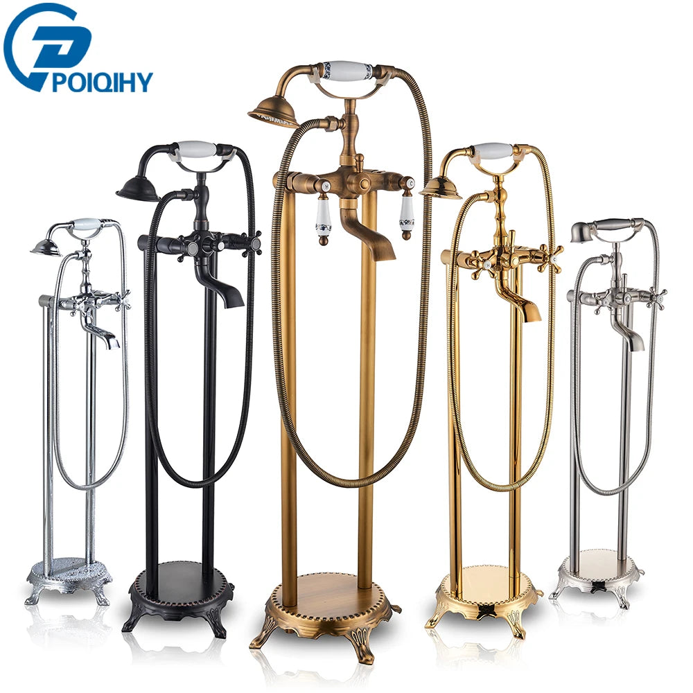 Antique Brass Floor Mounted Bathtub Shower Faucet Dual
