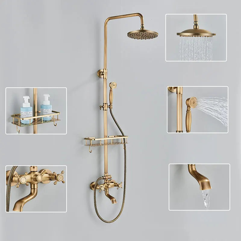 Antique Brass Shower Faucet Inch Rainfall Shower Head