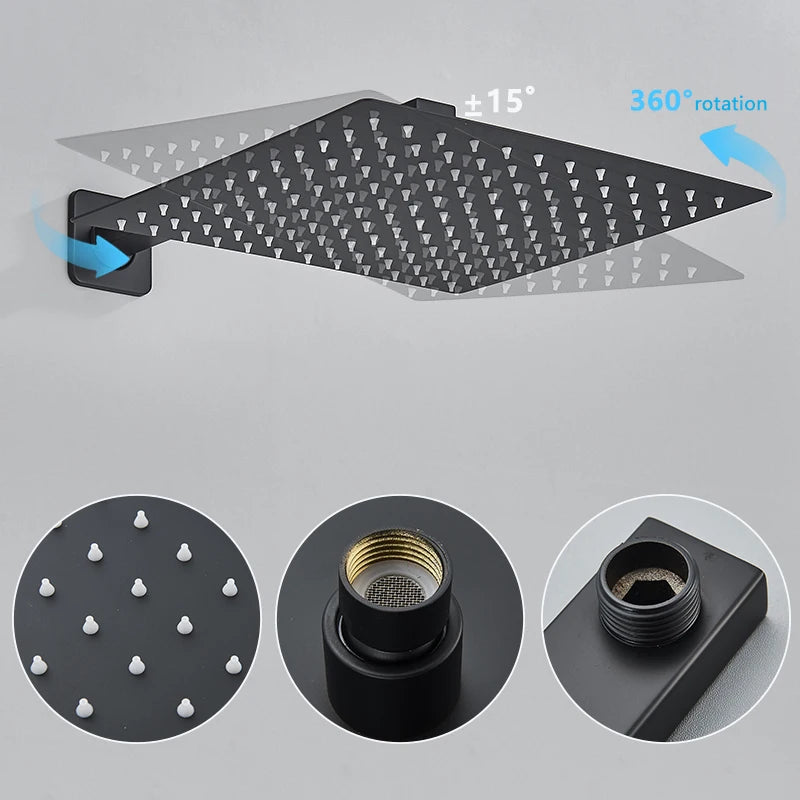 Matte Black Rainfall Shower Faucets Rain Waterfall Concealed
