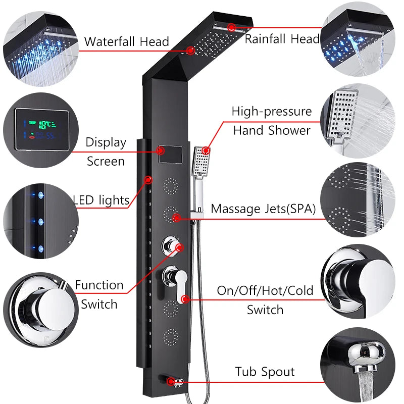 Black Wall-Mounted Shower Panel Shower Column Waterfall Nozzle