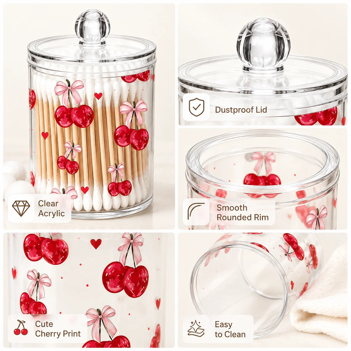 Cherry Print Clear Acrylic Cotton Swab Holder Lid