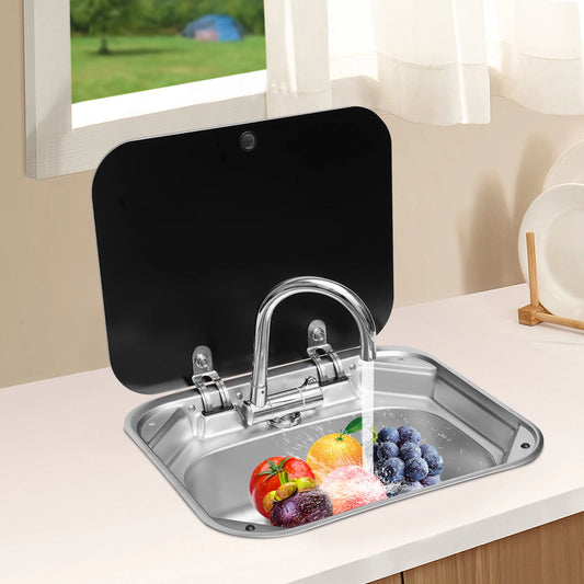 Rv Sink Foldable Tempered Glass Cover&Faucet Stainless Steel