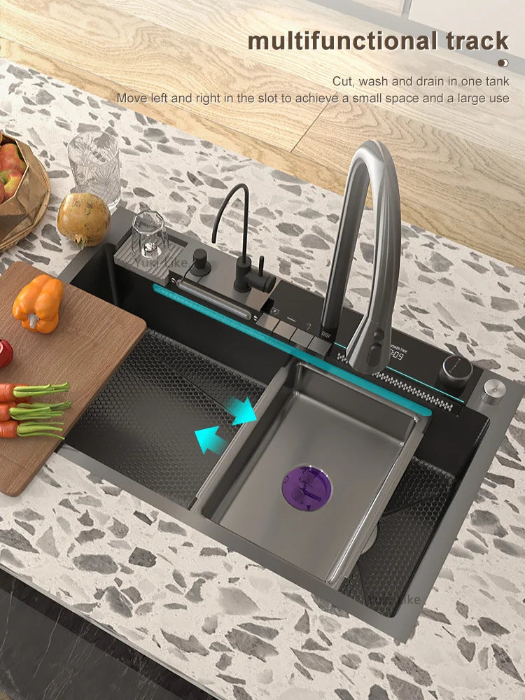 Stainless Steel Waterfall Sink Digital Display Large Slot