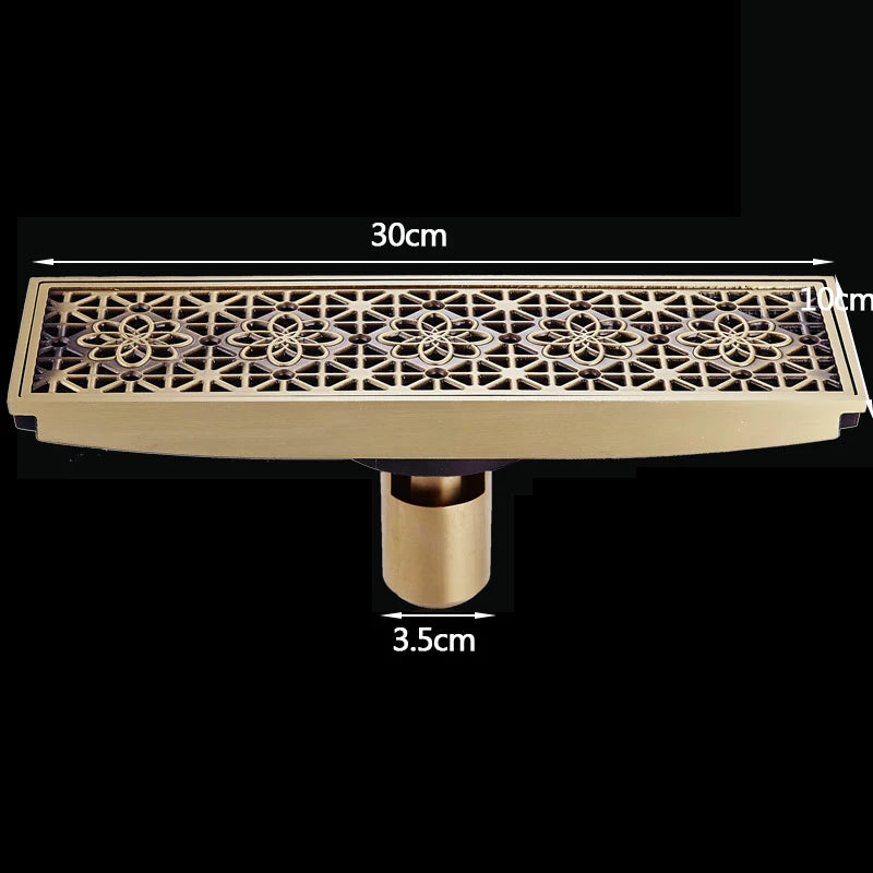 30cmx8cm Rectangle Brass Antique Brushed Carvd Drain Bathroom
