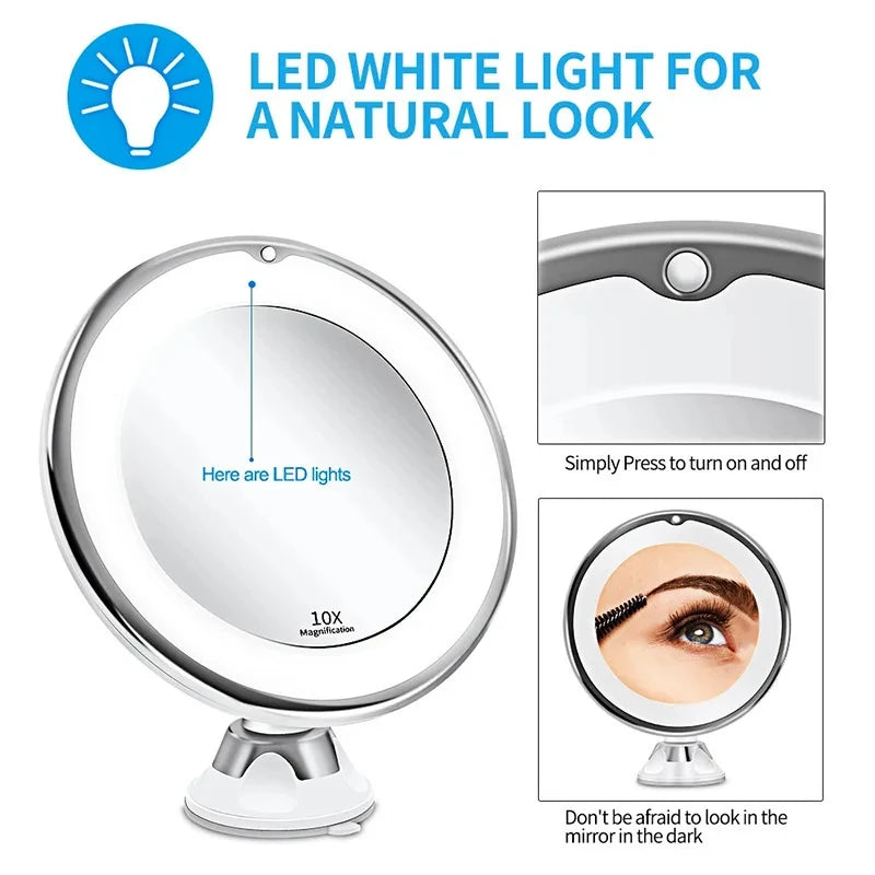 10x Magnifying Led Vanity Mirror Touch Screen Sucker