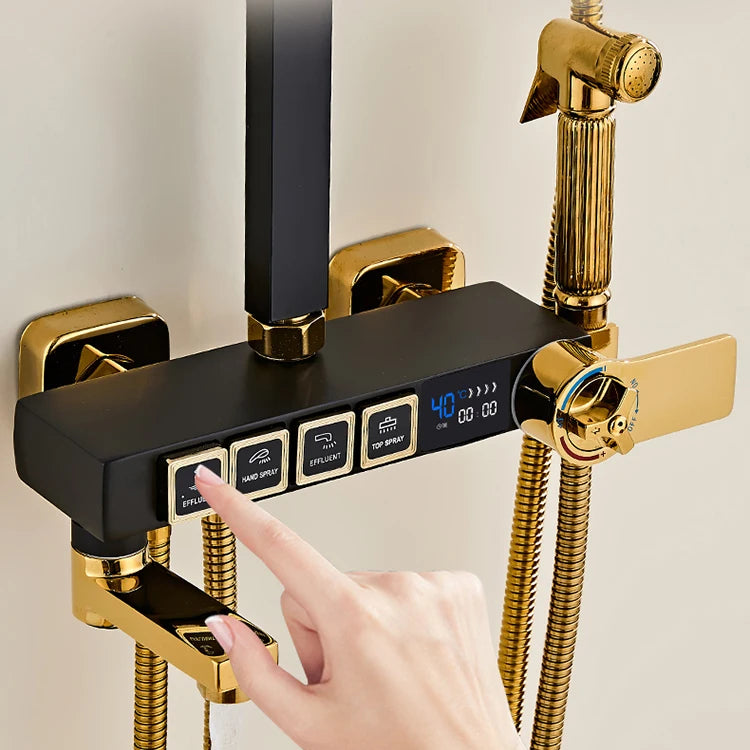 Luxury Thermostatic Bathroom Shower System White Gold Brass