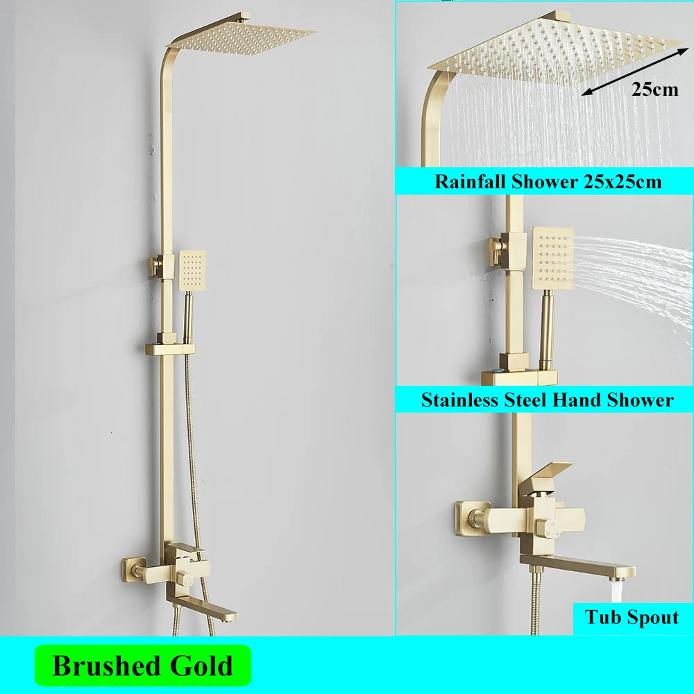 Brushed Gold Rainfall Shower System Cold Bathroom Shower