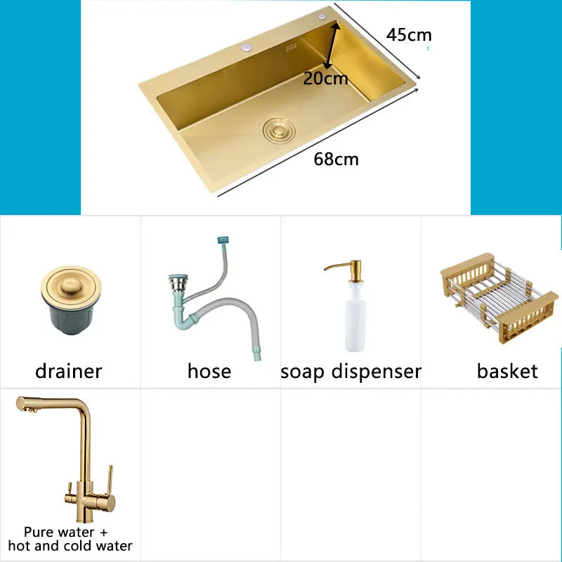 Gold Kitchens Sink Nano Handmade 304 Stainless Steel