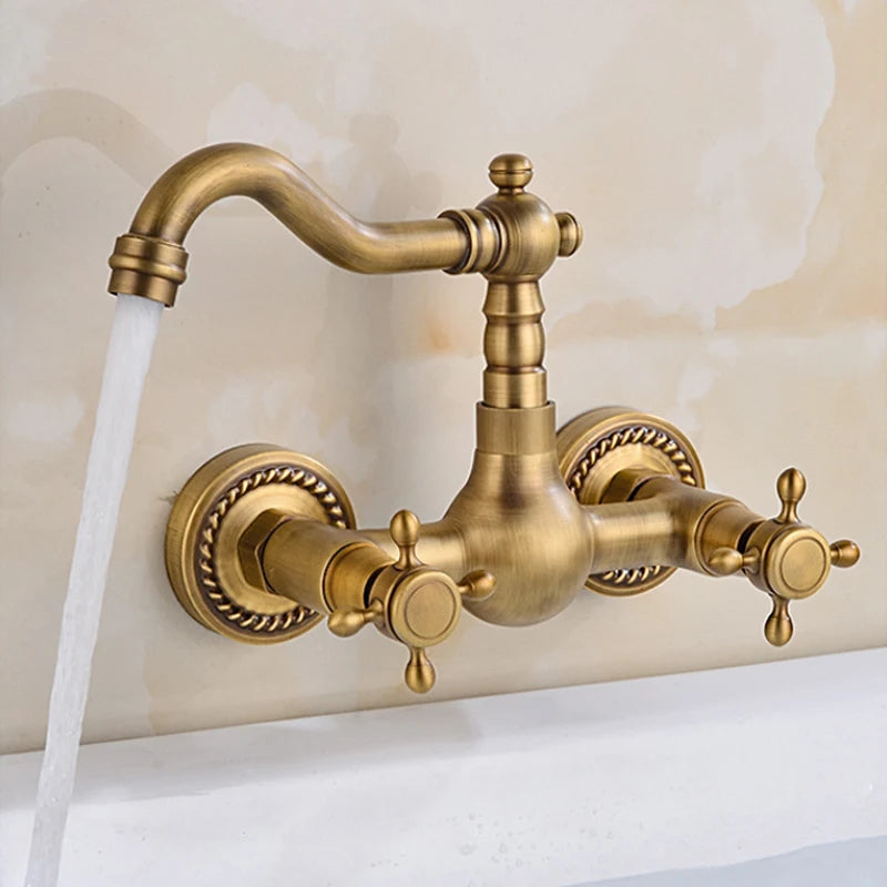 Antique Brass Wall Mounted Bathroom Sink Faucet 360