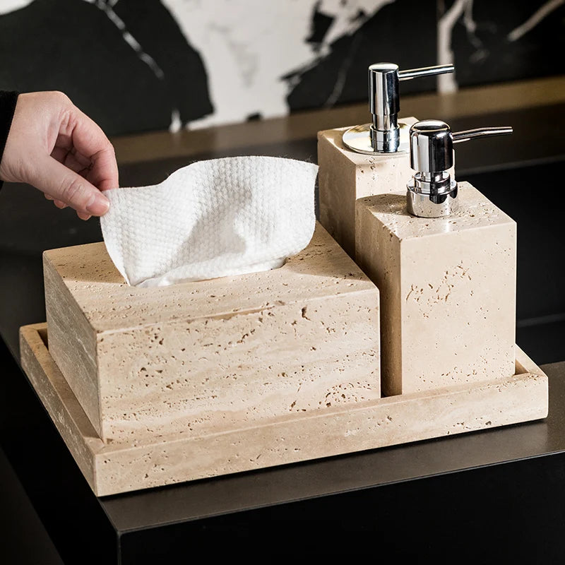 Beige Travertine Bathroom Natural Marble Soap Dispenser Reed