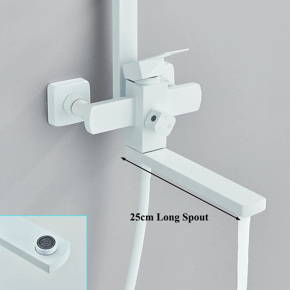 White Bathroom Shower Faucet Long Spout Rotation Function