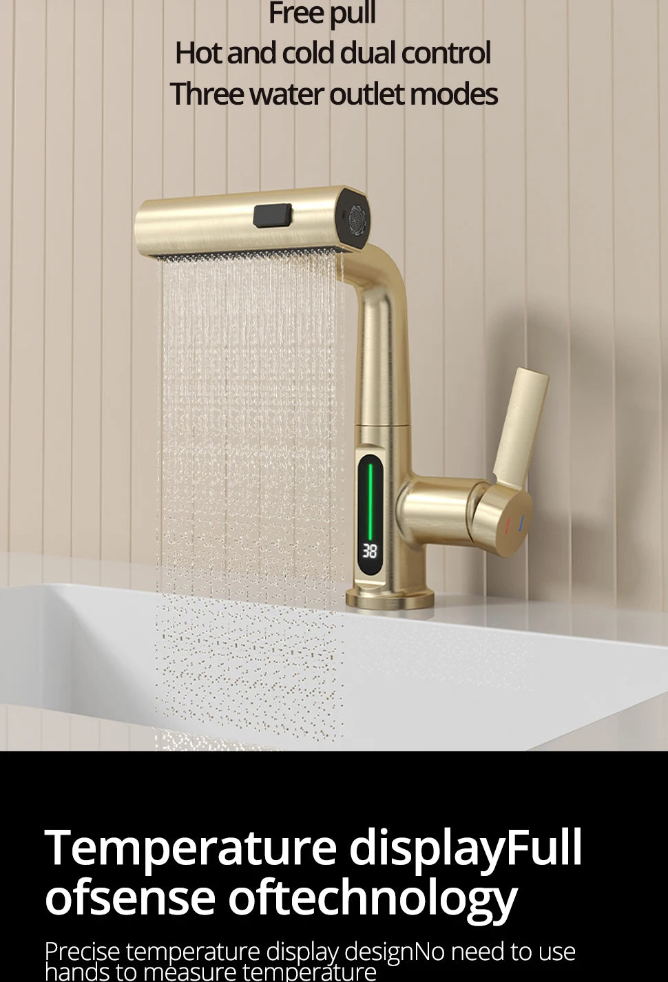 Brushed Gold Basin Faucet Lifting Pull Down Digital