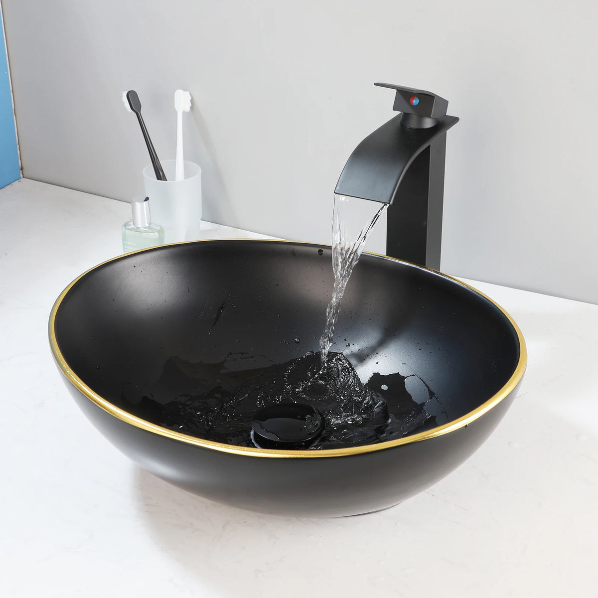 Kemaidi Oval Vessel Sink Faucet White Marbling Bathroom