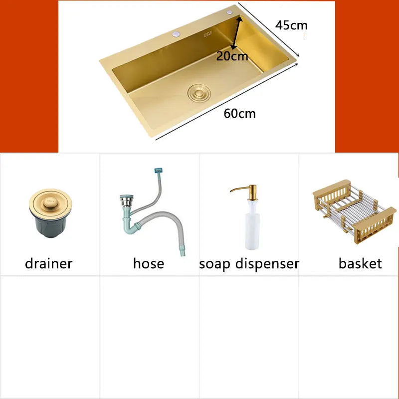 Gold Kitchens Sink Nano Handmade 304 Stainless Steel