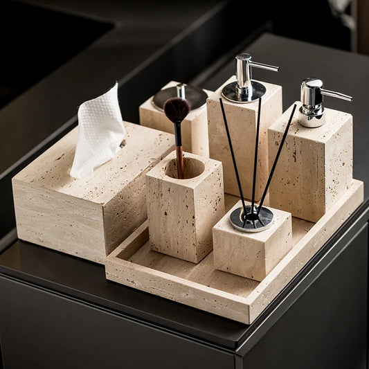 Beige Travertine Bathroom Natural Marble Soap Dispenser Reed