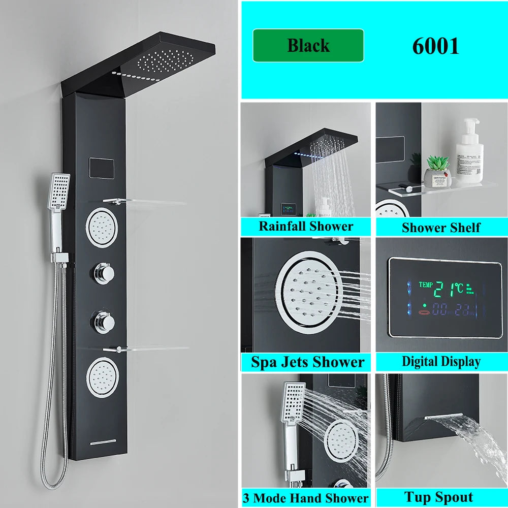 Brushed Nickel Bathroom Led Rainfall Shower Faucet Digital