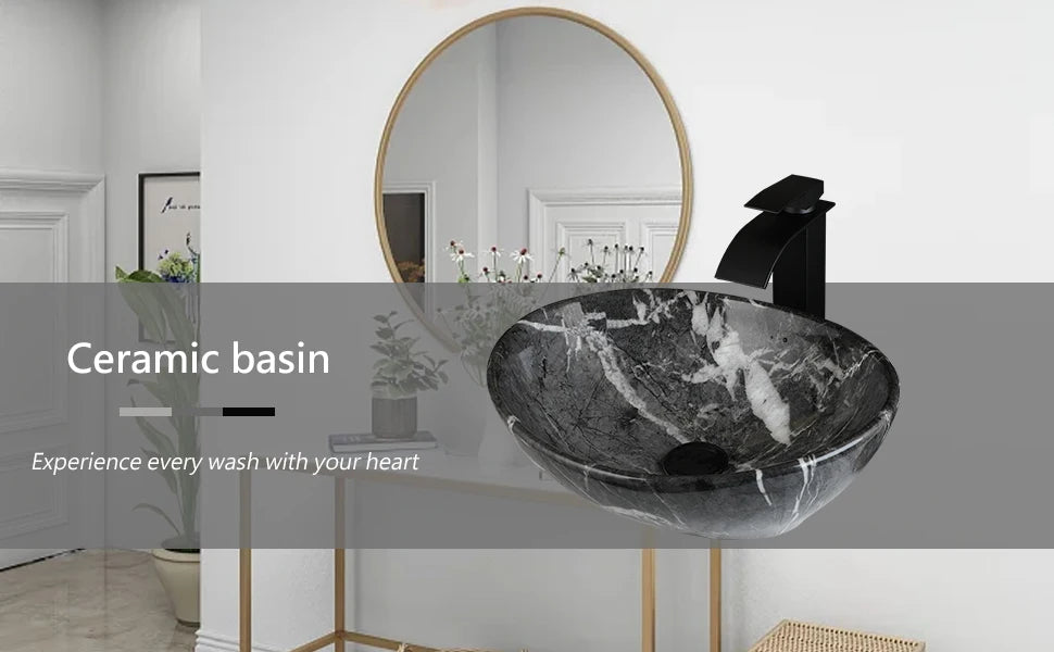 Kemaidi Oval Vessel Sink Faucet White Marbling Bathroom