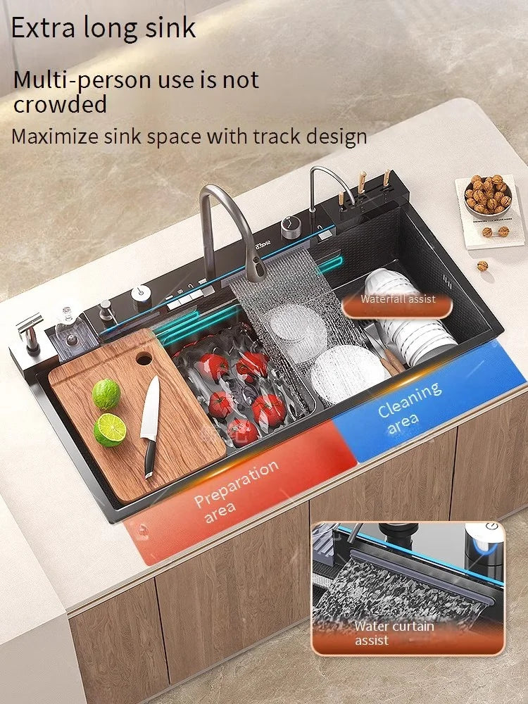 Stainless Steel Waterfall Sink Extra Large Bowl Digital