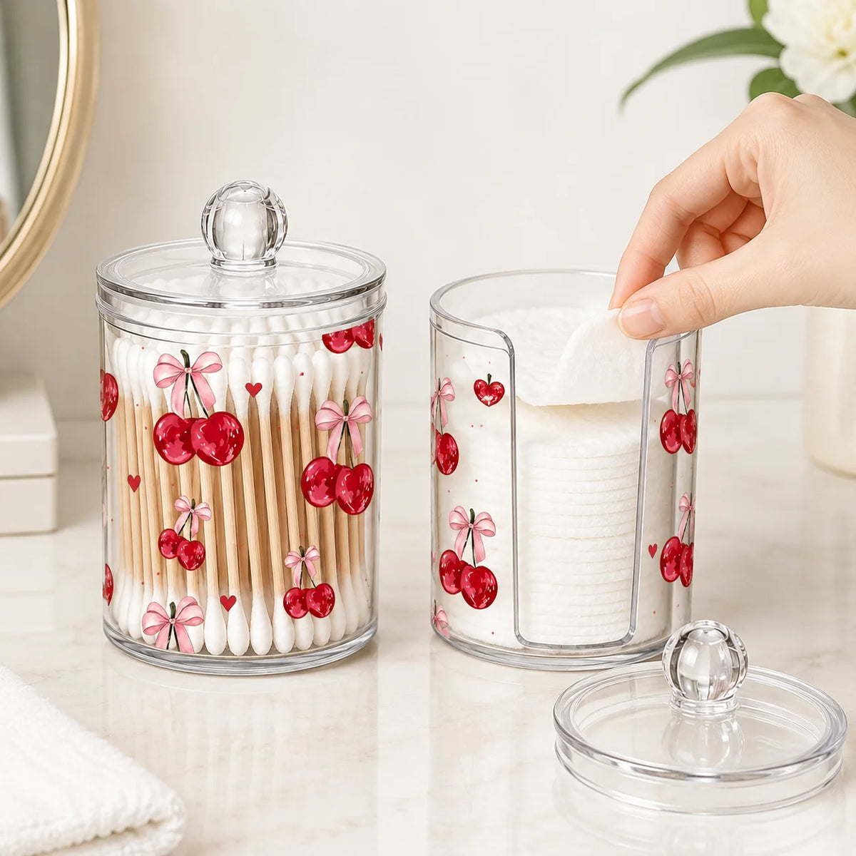 Cherry Print Clear Acrylic Cotton Swab Holder Lid