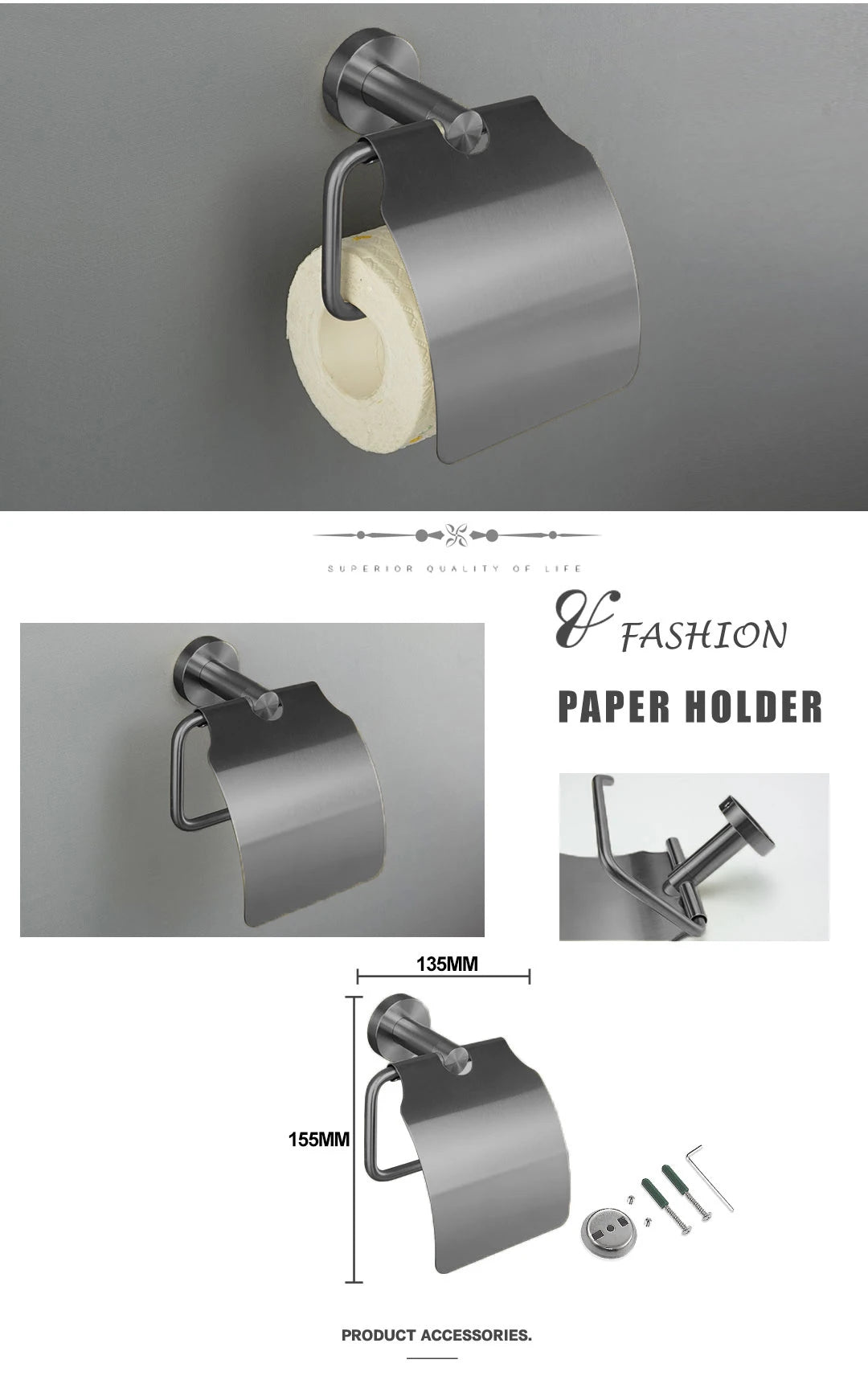 Grey Bathroom Hardware Kit Stainless Steel Round Wall