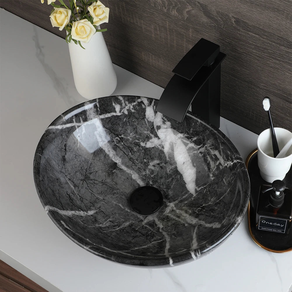 Kemaidi Oval Vessel Sink Faucet White Marbling Bathroom