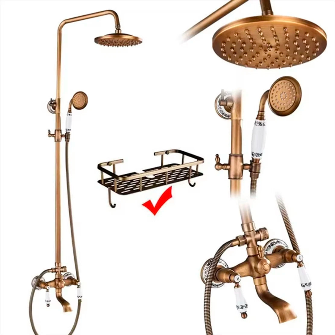 Antique Brass Shower Faucet Rainfall Head Shower Handshower