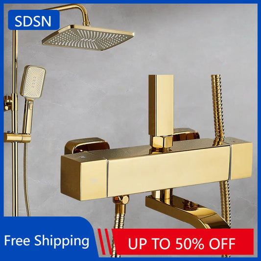 Square Thermostatic Bathroom Shower Quality Brass Cold Gold
