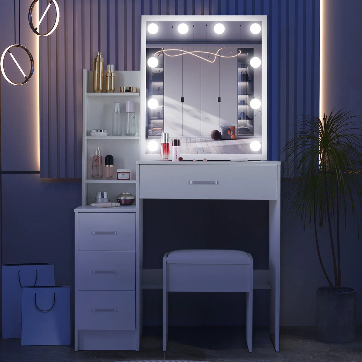 White Makeup Dressing Table W/ Lights Sliding Mirror