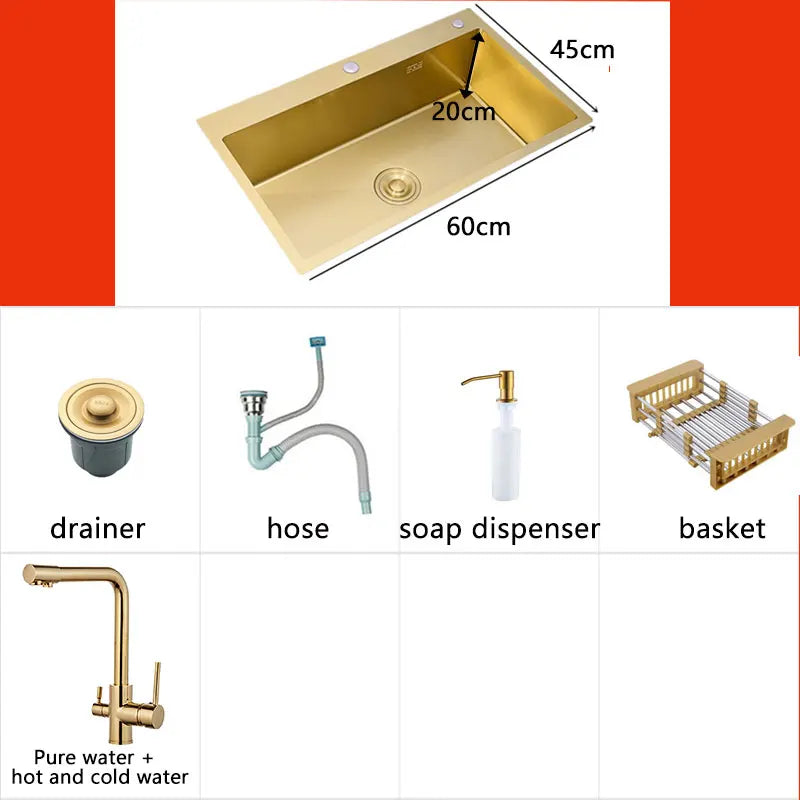 Gold Kitchens Sink Nano Handmade 304 Stainless Steel