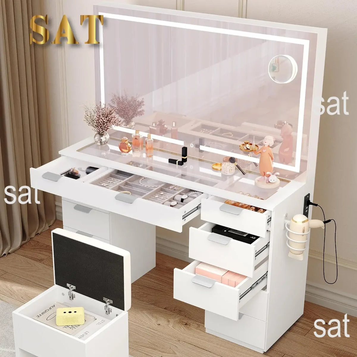 Large Led Mirror Glass Top Makeup Vanity Desk