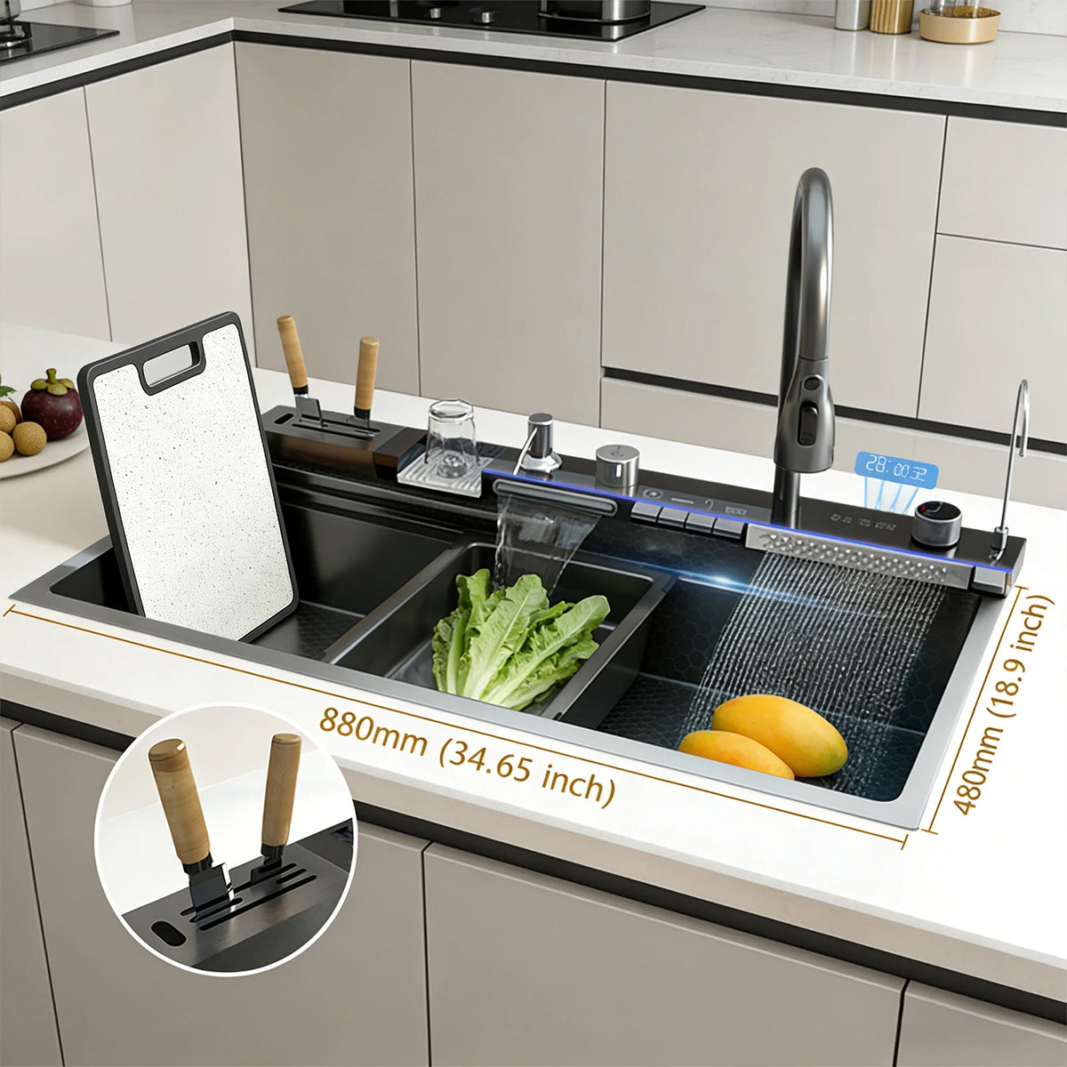 Stainless Steel Sink Waterfall Digital Display Faucet Large