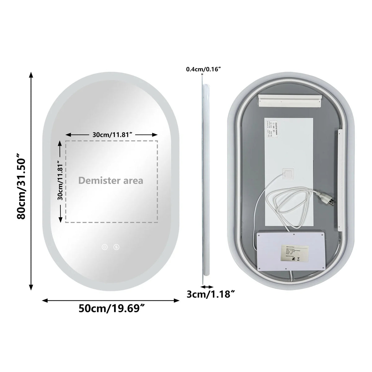 80/100/120cm Long Oval Led Bathroom Mirror Backlit Wall