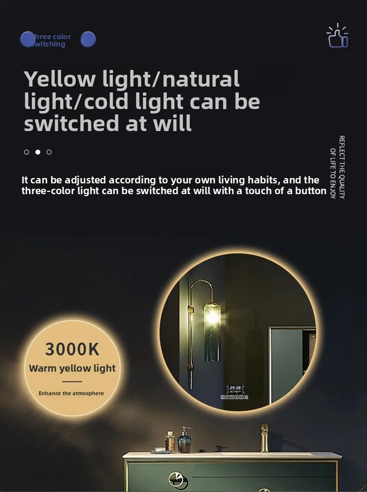 Round Smart Bathroom Mirror Wall-Mounted Led Light Touch