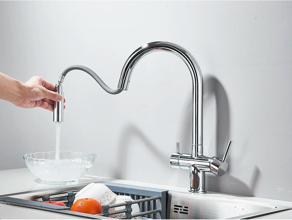 Brushed Gold Water Filter Faucet Dual Spout Pure