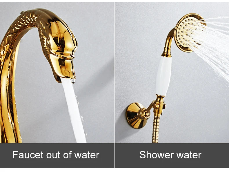 Ellen Bathtub Faucet Gold Swan Hand Shower Wall