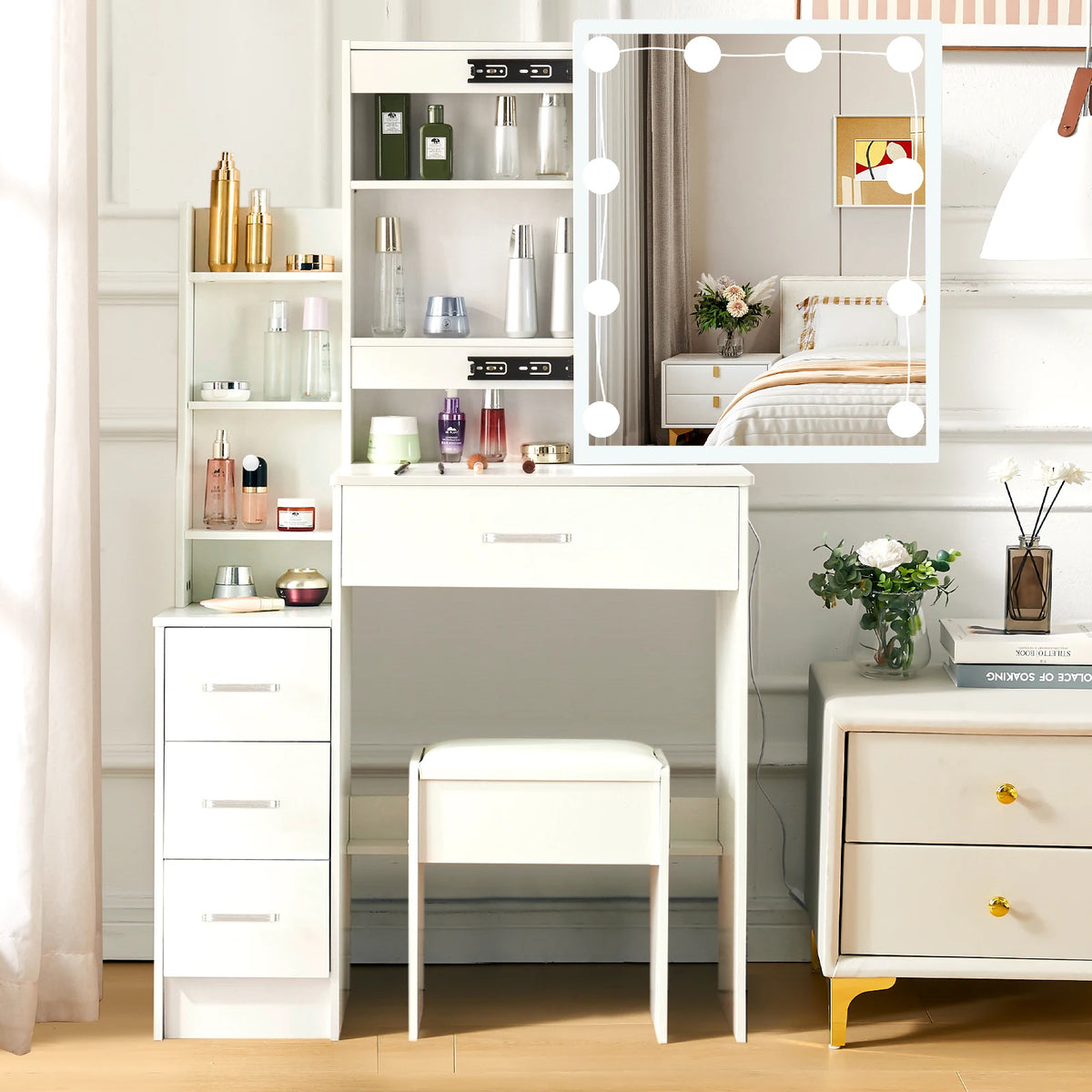 Led Vanity Table Sliding Mirror White Makeup Desk