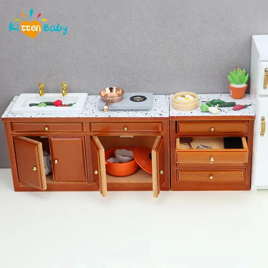 Dollhouse Miniature Retro Wood Cabinet Cupboard Sink Cabinet
