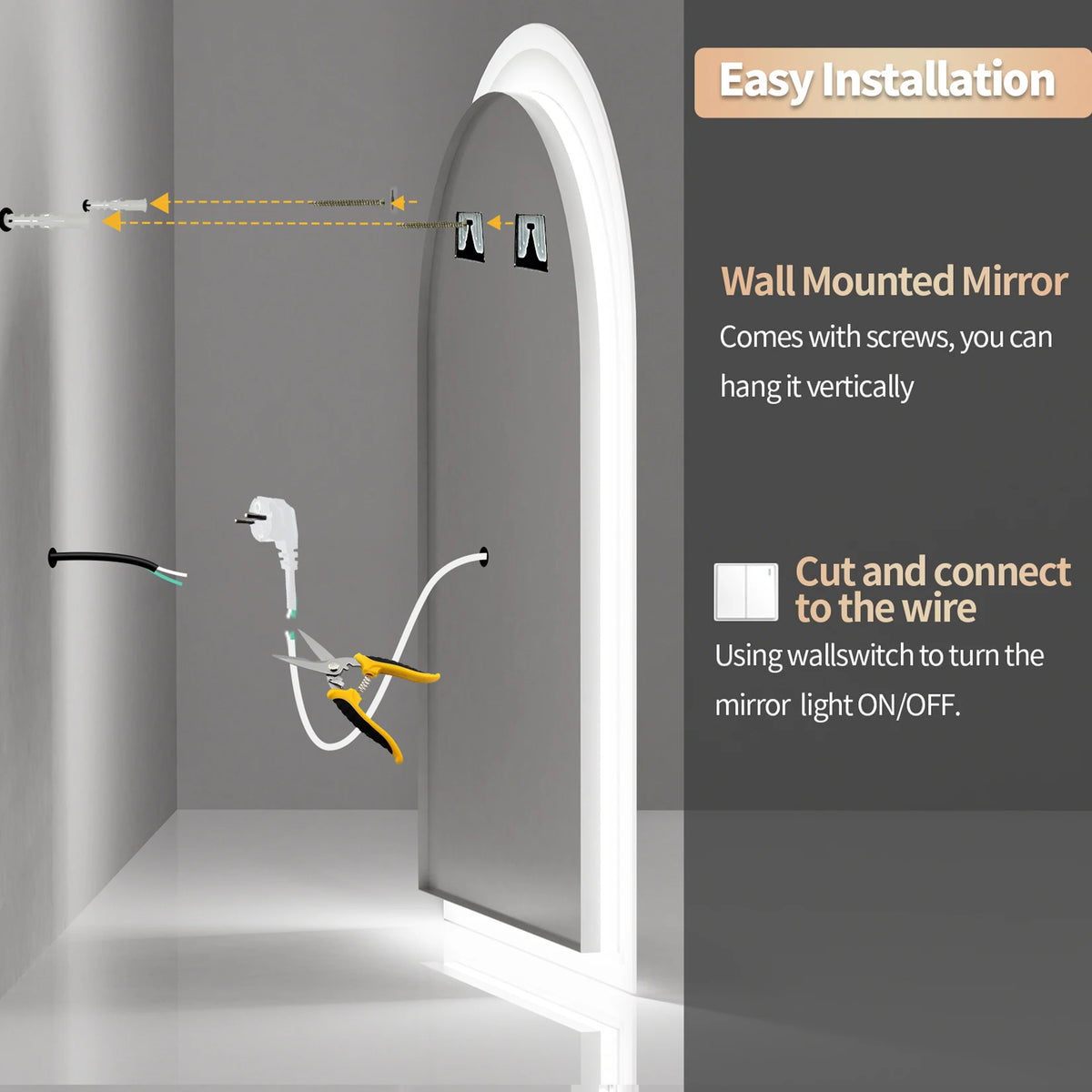 60x90cm Vertical Arch-Shape Led Bathroom Mirror Backlit Frameless