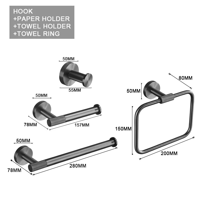 Grey Bathroom Hardware Kit Stainless Steel Round Wall