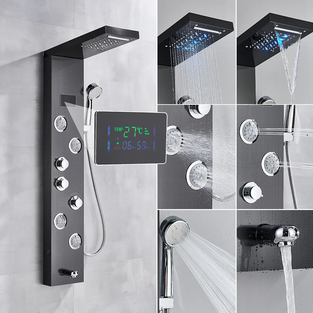 Golden Black Shower Panel Wall Rain Waterfall Shower