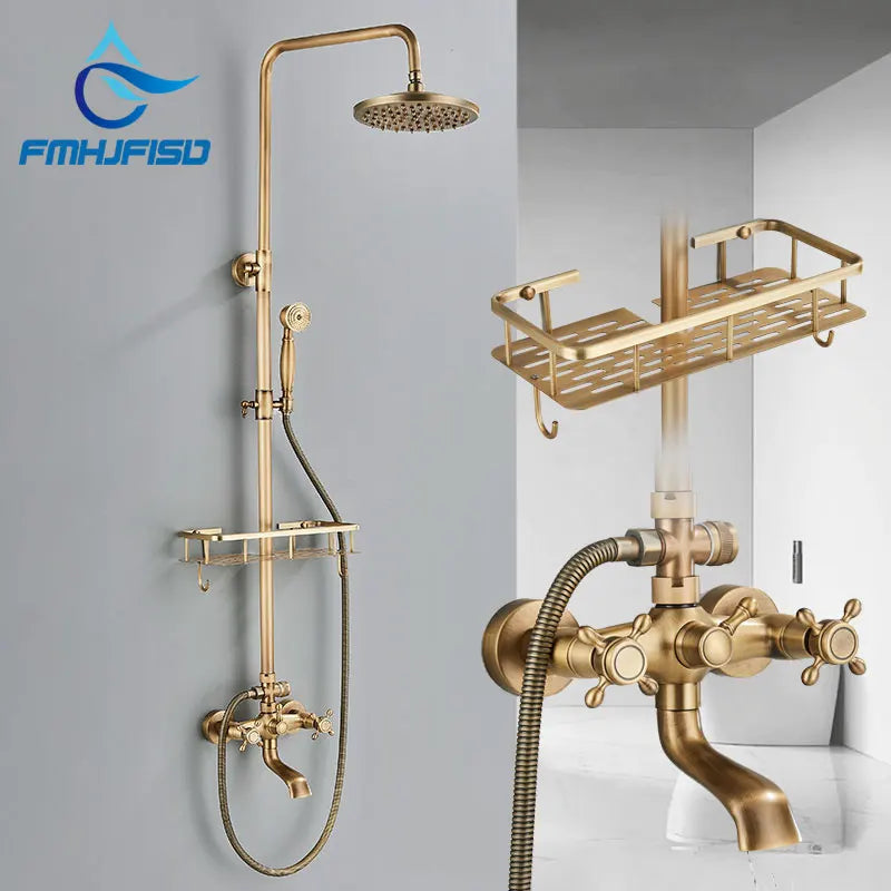 Antique Brass Shower Faucet Inch Rainfall Shower Head