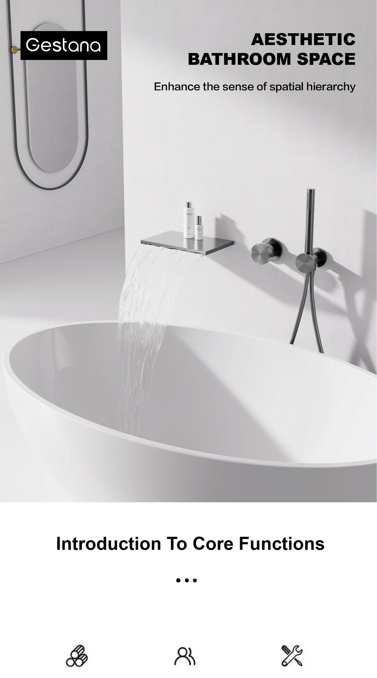 Minimalist Design Gun Grey Brass Wall-Mounted Concealed Bathtub