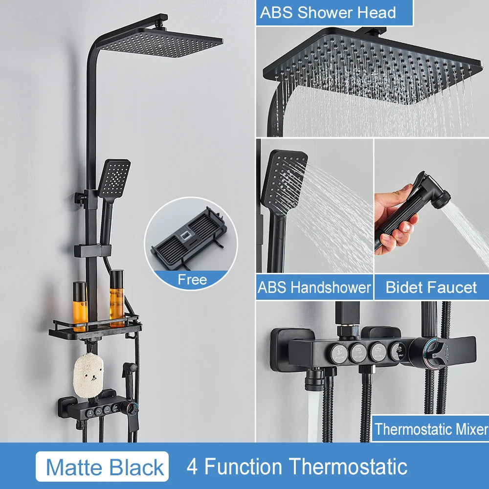 Black Thermostatic Lcd Shower Faucet Temperature Display Rainfall